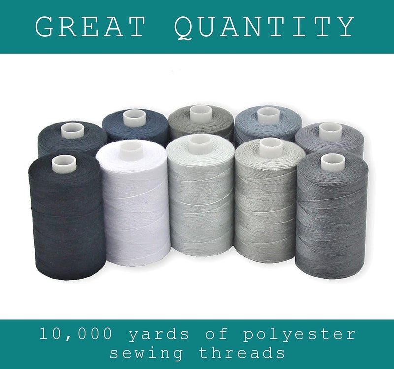 BlesSew Gray Sewing Threads - 10 Large Spools of Polyester Thread for Hand, Quilting & Sewing Machine - Grey Shades Plus Black & White - 1000 Yards Per Spool - Image 2